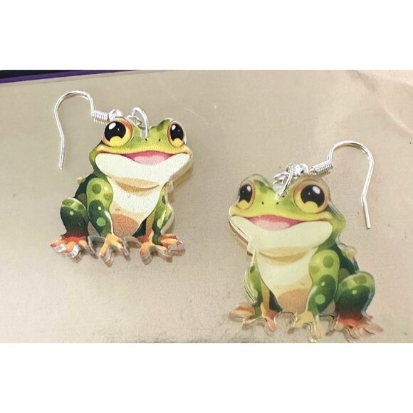 Frog Earrings New Dangle Hooks Green Double Sided Horny Toad Jeremiah Bu… - Picture 10 of 12